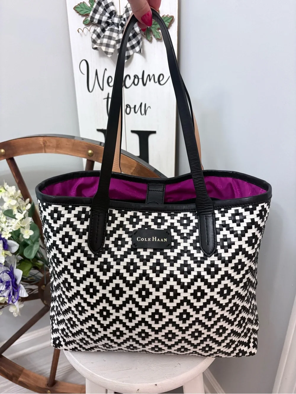 🖤 COLE HAAN Eloise Woven Tote with Magenta Interior